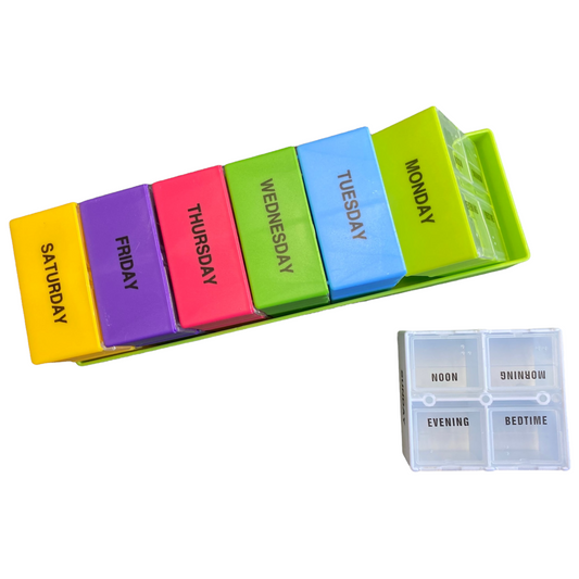 7 Day Pill Box — 4 Doses Daily Square Case Managing Medications SPIRIT SPARKPLUGS Square Case  